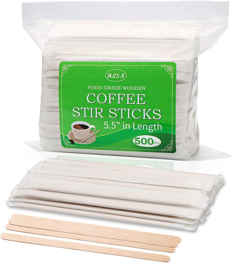 HLSN 500pcs Individually Wrapped Wooden Coffee Stirrers, 5.5 Inch Birch Stir Sticks, Natural & Eco-Friendly Disposable Wood Stirrers for Coffee, Hot Drinks, Cocktails, Coffee Bar Accessories ﻿ - Image 1